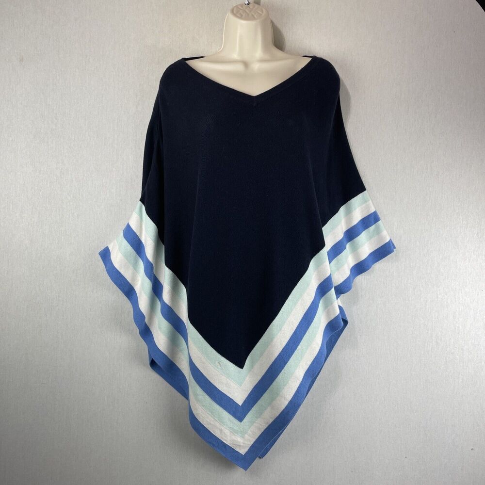 Talbots Shawl Cape Poncho Size Medium Navy Blue White Chevron Sweater Grandma